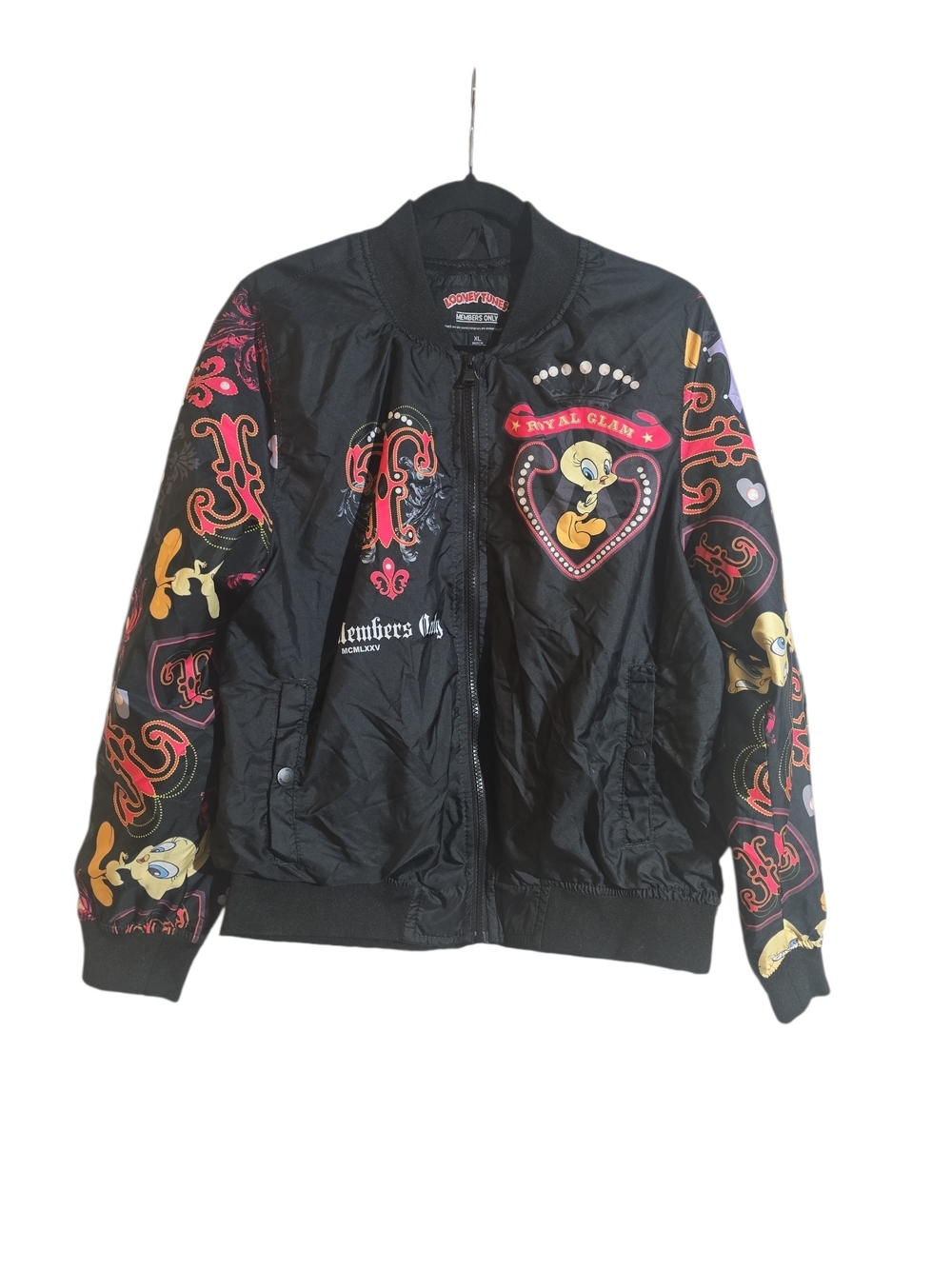 #324. Vintage Members Only X Looney Tunes"Royal Glam" Tweety Bird Bomber Jacket.